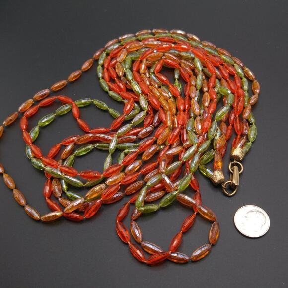 Vintage Long Three Strand Necklace, Light Green Orange Topaz Lucite, 1950s, 54" - Picture 3 of 7